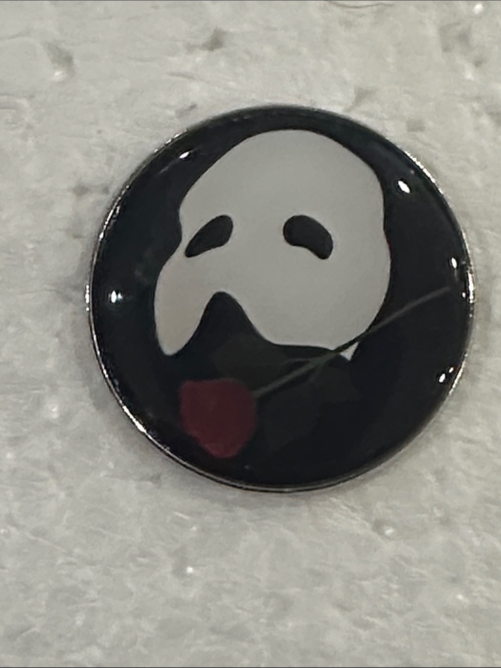 Phantom of the Opera Mask Black and White Enamel Pin with Red Rose